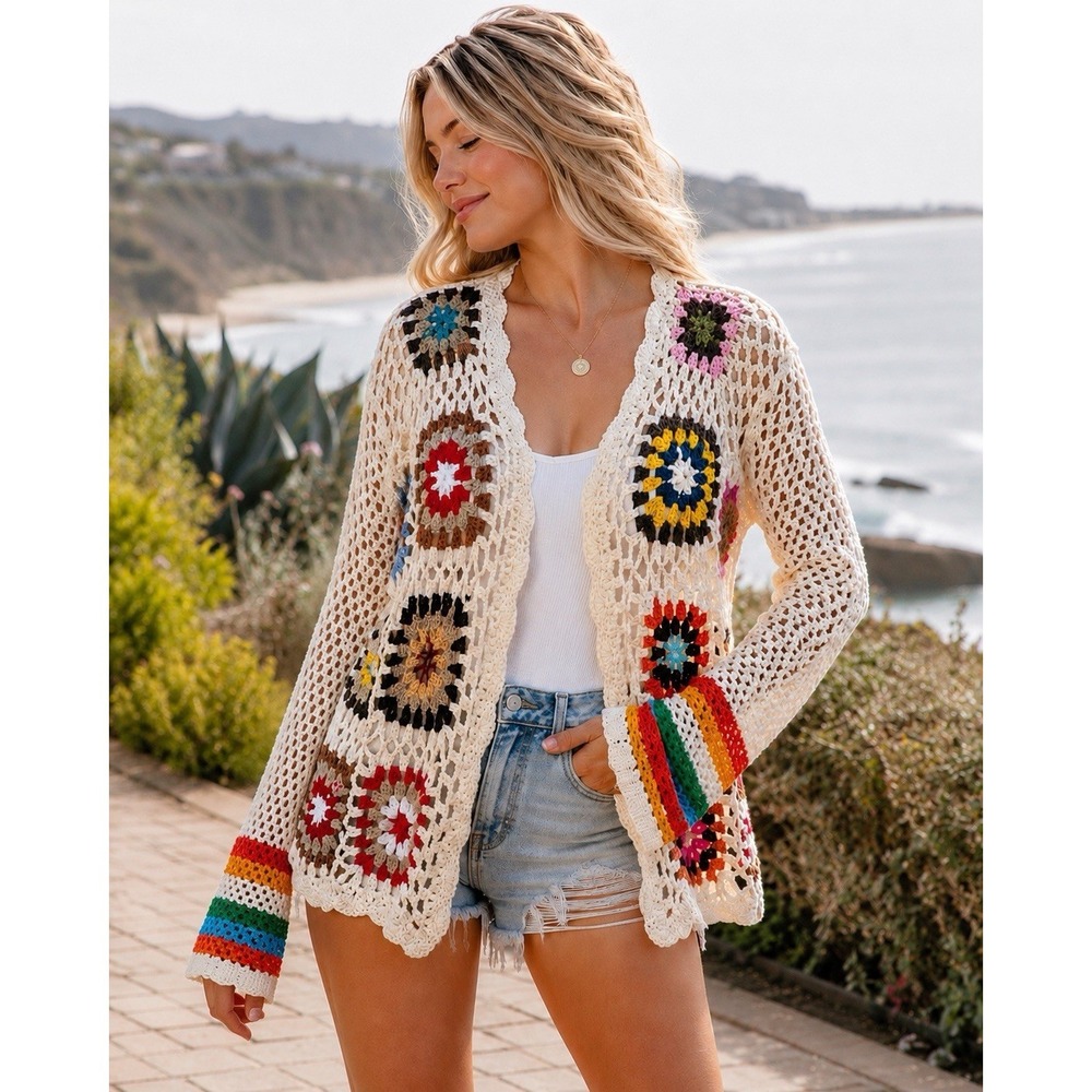 Crochet Granny Square Cardigan M/L Boho‎ Festival-Colorful-Hippie-Coastal-Beach